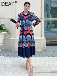 Casual Dresses Women Patchwork Jean Printing Dress Polo Collar Full Sleeve Medium Long Spring 2023 Party Cloth Female Fashion 15KB169