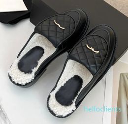 Women Designer Diamond Lattice Metal Letter Half Support Genuine Leather Thick Sole Baotou Slingback Ladies Shoe