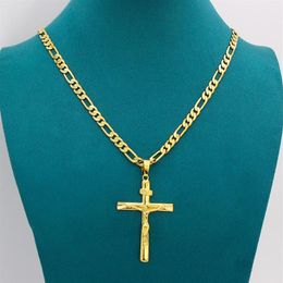 Real 10k Yellow Solid Fine Gold GF Jesus Cross Crucifix Charm Big Pendant 55 35mm Figaro Chain Necklace 24 600 6mm298W