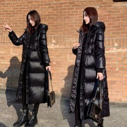 Women's Trench Coats 2023 Black Down Padded Jacket Korean Version Long Glossy Cotton Female Hooded Thickened Slim Warm