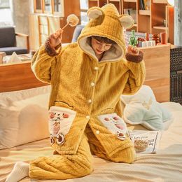 Women's Sleepwear Winter Pyjamas Set For Women Thicken Coral Fleece Soft Warm Pijama Femme Leisure Wear Cute Bear Hoodie With Pocket