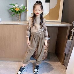 Clothing Sets Fashion Girls Clothes Sets Autumn Plaid Long Sleeve Patchwork Sweater Pants 2PCS Baby Kids Tracksuit Children's Clothing Teen 231016