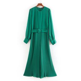 Stylish Chic Green Tie Belt Waist Jumpsuits Women Fashion O-Neck Collar Jumpsuits Elegant Ladies Pleated319A