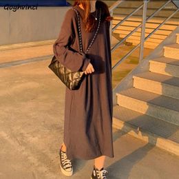 Casual Dresses Long Sleeve Dress Women Solid Loose All-match Students Mid-calf Korean Style Daily O-neck Trendy Ins Elegant Side-slit