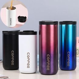 Mugs 400ml550ml Double Stainless Steel Coffee Milk Tea Mug Flap Lid LeakProof Travel Thermal Cup Thermos Water Bottle Drinkware 231013