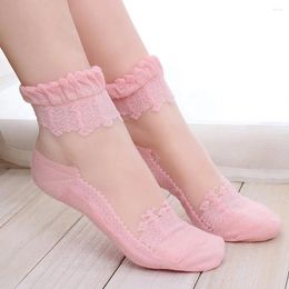 Women Socks Summer Mesh Cute Ultrathin Transparent Crystal Silk Lace Flower Border Short Elastic Ankle Female