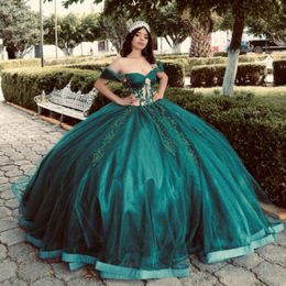 Glittering Blackish Green Quinceanera Dress Off Shoulder Crystal Floral Applique Lace Vestidos De 15 Anos Formal Birthda