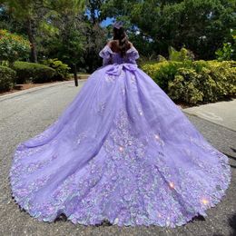 Lavender Off the Shoulder Ball Gown Beaded Appliques Crystal Bow Quinceanera Dress Princess Sweet 16 Vestidos De15