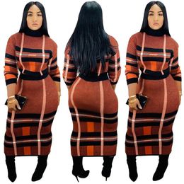 Fashion Long Sleeved Pile Collar Printed Plaid Long Dress Skirt Sets Women Casual Autumn 2 piece Outfits2872