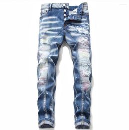 Jeans da uomo da uomo elasticizzati skinny strappati qualità azzurro fori lunghi tendenza moda da strada maschile 42