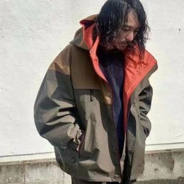 Men's Jackets 23SS KOLOR Abe Runyi Two-color Japanese Colour Contrast Waterproof Patchwork Coat Long-sleeved Loose Hooded Jacket