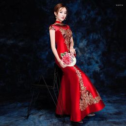 Ethnic Clothing Slim Sexy Short Sleeve Fashion Sequins Appliques Fishtail Cheongsam Lace Up Party Gown For Women Vestidos Size S-XXL