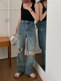 Women's Jeans Ripped Women Spring And Summer Lazy Mop Soft Waxy High Waist Loose Retro Straight Pants Cotton Multi Pocket Luxury 023