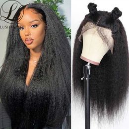Synthetic Wigs Kinky Straight Lace Front Wigs 200% Density Natural Black Yaki for Women with Baby Hair Synthetic Glueless 230227