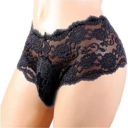 Male Sexy Lace Boxer Shorts Gay Bikini Swimming Trunks Bottoms Mens Transparent Panties Underpants Cock Pouch Underwear Lingerie269B