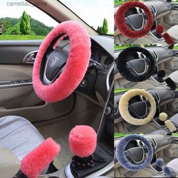 Steering Wheel Covers Soft Plush Spring Steering Wheel Cover Kit with Stop Lever Hand Brake Wool Cover Winter Warm Car Accessories Q231016
