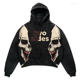 Men's Hoodies American Retro High Street Harajuku Skull Rose Print Sweater Female Y2k Loose Personality Hooded Tide Brand Ins Couple