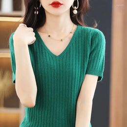 Women's Sweaters 2023 Women Sweater Short Sleeve Spring Summer Knitwears Korean Fashion Stripe Pullovers Slim Fit Knit Tops Casual V-neck