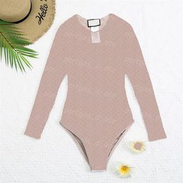 Vintage Letters Embroidered T Shirt Leotards Womens Long Sleeve Playsuit Sexy See Through Tulle Leotard Shirt One Piece Beachwear223E