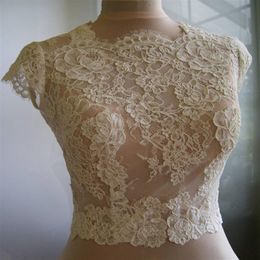 High Quality Lace Wedding Shawls Short Sleeves Bridal Bolero Jewel Neck Custom Made Wedding Wraps Shrugs Buttons Back Stole 160S