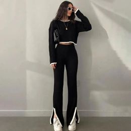 Womens Pants Capris DISCVRY Knitted Suit Oneck Long Sleeve Cropped Sweater Elastic High Waist Pants 2 Pieces Set For Women Casual Outfits 231016