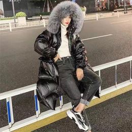 Women's Trench Coats Winter Cotton Coat 2023 Loose Padded Jacket Hooded Big Fur Collar Thickened Knee-length Shiny Female JD2120