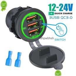 12-24V Car Charger 3-Port Usb Qc3.0 Fast Charging Cigarette Lighter With Touch Switch Socket For Motorcycle Boat Marine Rv Drop Deli