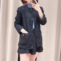 Women's Tracksuits High Waist Tweed Sequins Suit Shorts Skirts Or Lace-Up Sashes Single Breasted Pockets O-Neck Coat For Ladies