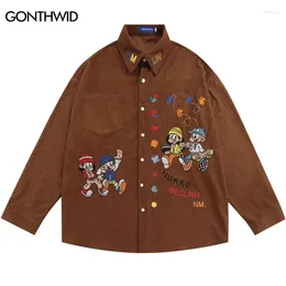 Men's Casual Shirts Men Corduroy Shirt Y2K Harajuku Embroidery Cartoon Long Sleeve Button Coat 2023 Hip Hop Fashion Loose Brown