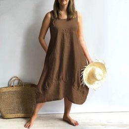 Casual Dresses Women's Dress 2023 Solid Cotton Linen Loose Sleeveless U Neck Irregular High Quality Luxury Long