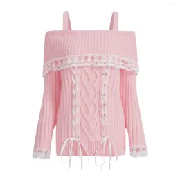 Women's Sweaters Lace Trim Knit Y2K Fairy Grunge Off Shoulder Boat Neck Pullover Sweater Tie-Up Long Sleeve Jumpers 2023