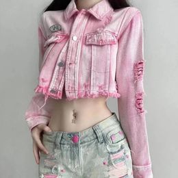 Women's Jackets Fashion Denim Women 2023 Spring Autumn Short Jacket Jean Coats Casual Long Sleeve Holes Loose Tops For Pink
