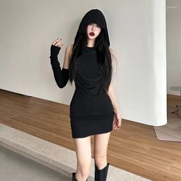 Casual Dresses Draped Cyber Y2k Punk Hooded Mini Gothic Glove Sleeve Skinny Sexy Dress Techwear Fashion Black Women Partywear