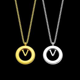 Europe America Style Men Lady Women Titanium steel Lovers Thick Long Necklace Sweater chain With Hollow Out V Initials Round Penda213v