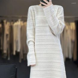 Casual Dresses French Vintage Hollowed-out Wool Dress Knitted Cashmere Sweater Over-the-knee Skirt