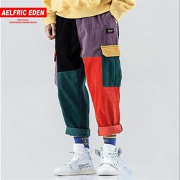 Aelfric Eden Corduroy Sweatpants Cargo Pants Men Harem Jogger Vintage Color Block Patchwork Corduroy Hip Hop Harajuku Trousers 201338T