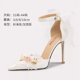 Sandals Spring/Summer Pointed Silk Face Flower Mesh Butterfly Wedding Shoes Thin High Heels Banquet Dress Large And Small Women's Sandal