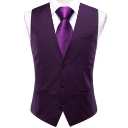 Men's Vests Hi-Tie Dark Purple Men Vest Silk Solid TR Slim Waistcoat Neck Tie Hanky Cufflinks Brooch Set For Suit Wedding Party Designer