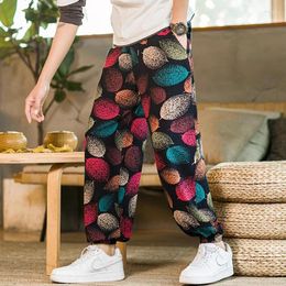 Men's Pants Plus Size 5XL Men Cotton Linen Wide Leg Spring Autumn National Style Colorful Leaf Print Elastic Waist Baggy Trousers Man