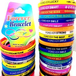 Bulk lots 100pcs Top Design Colourful Charm FOREVER Silicone Bracelets Rubber Sports Wristands Men Women Toys Bangles Birthday Xmas3361