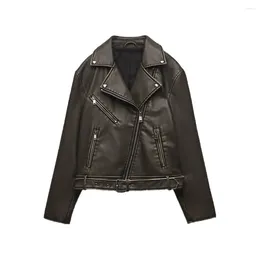 Women's Jackets Zach AiIsa Exclusive Spot Counter Quality Fashion Retro Lapel Zipper Faux Leather Long Sleeve Motorcycle Jacket Coat