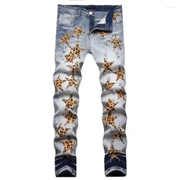 Men's Jeans Leopard Star Embroidered Autumn Winter Slim Fit Stretch Ripped Hole Denim Pants Punk Style Streetwear 28-42