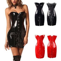 Women PU Leather Corset Gothic Sexy Dress Shiny PVC Leather Boned Bustier Top Lace Clubwear Corselet Black Red259m