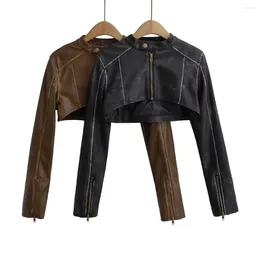 Women's Jackets Women Biker Style Long Sleeve Co-ord Pu Faux Leather Maillader Brown Ultra Cropped Jacket