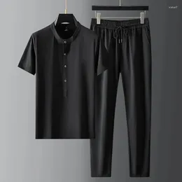 Herren-Trainingsanzüge Minglu Sommer dünne männliche Sets (T-Shirt-Hosen) Luxus-Kurzarm-Stehkragen Herrenmode Slim Fit Sport Casual Man-Anzüge