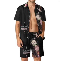 Men's Tracksuits Nezuko Beach Men Sets Japanese Anime Casual Shirt Set Summer Custom Shorts 2 Piece Hawaiian Suit Large Size