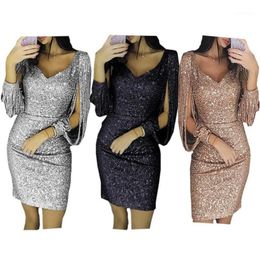 Casual Dresses Women Knee Length Party Dress Gold Tassel Female Bodycon Long Sleeve Bright Silk Shiny Vestidos13084