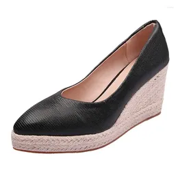 Dress Shoes Spring And Autumn Wedge Heel Shallow Mouth Single Women Thick Sole High Pointed Straw Rope Bottom