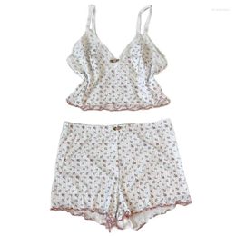 Women's Tracksuits Women 2 Pieces Lace Trim V Neck Crop Tops Camis Shorts Outfits Fairy Y2K Cute Coquette Floral Pyjama Matching Sets