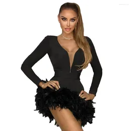 Casual Dresses 2023 Elegant Women Bandage Dress Sexy Feathers Long Sleeve Bodycon Clothing Club Party Evening Mini